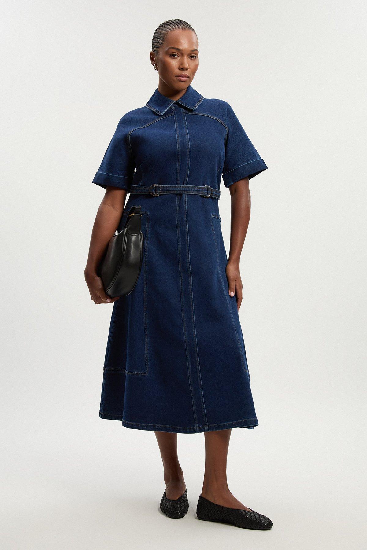 Plus Size Stretch Denim Tab Belt Detail Midi Dress
